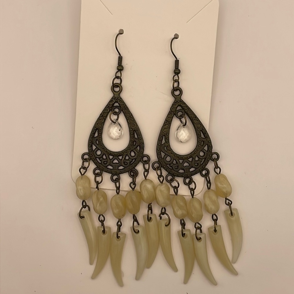 Bohemian Statement Antiqued Bronze Plastic Beads Dangle Earrings (F52)